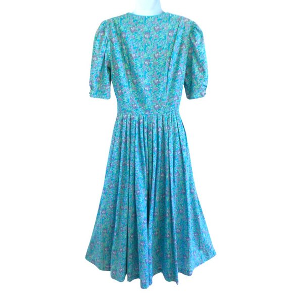 Laura Ashley Vintage Midi Blue Purple Floral Pleated Full Skirt Puff Sleeve Zip - Picture 2 of 11